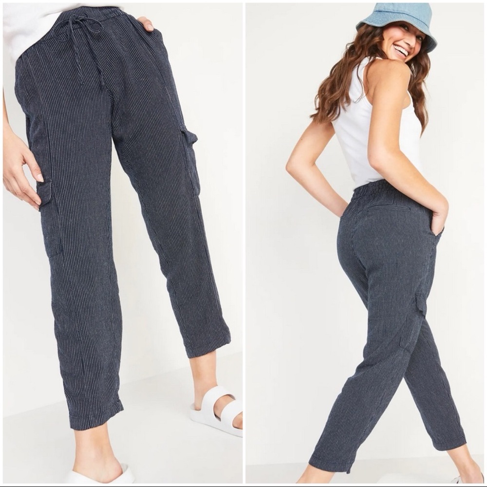 Cropped linen pinstripe elastic waist cargo pants XL